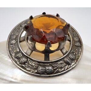 Vintage Scottish Kilt Pin Brooch AGNEW Hallmark Amber Colored Stone